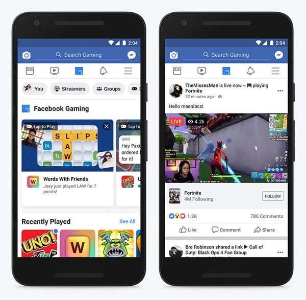 Facebook Gaming, app en el teléfono