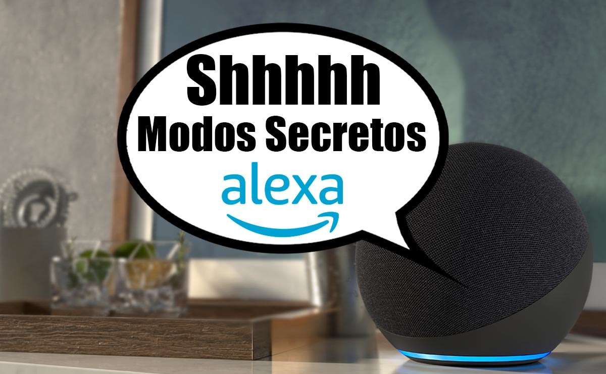 Imagen de un dispositivo Alexa echo, que tiene un globo de diálogo que Dice "Shhhhh Modos secretos Alexa"
