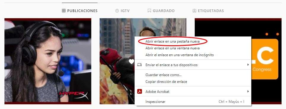 Instagram, menú: abrir enlace en una pestaña nueva
