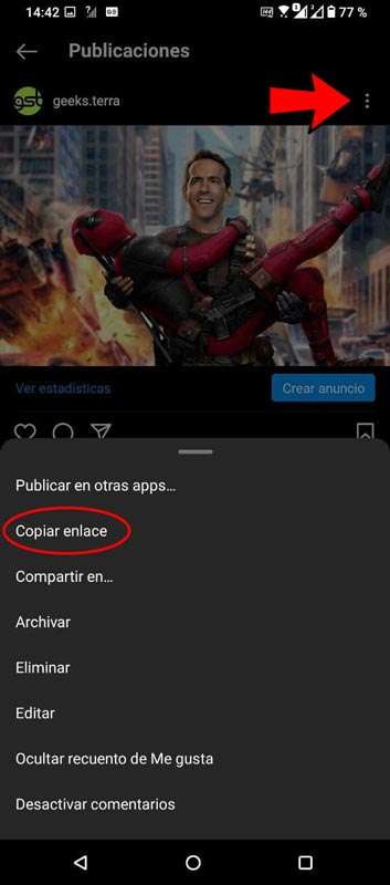 Instagram app menú, copiar enlace