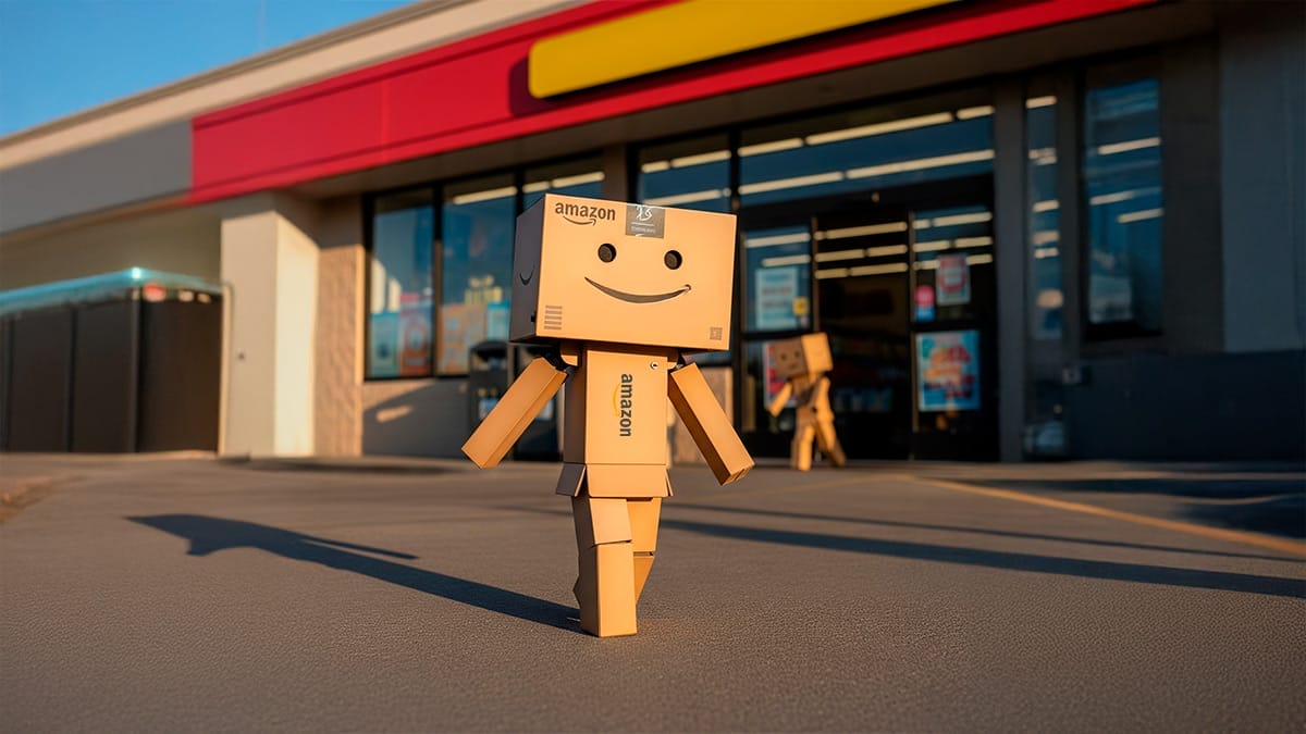 Ilustración de un hombre de cartón con cara de caja de amazon, saliendo de una tienda de autoservicios como oxxo, haciendo referencia diferentes formas de pago que tiene Amazon