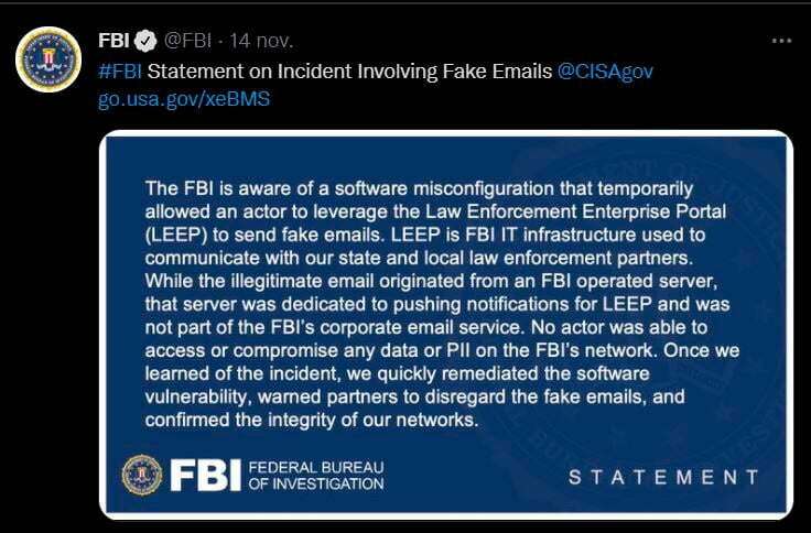Mensaje de Twitter del FBI sobre mail apócrifo
