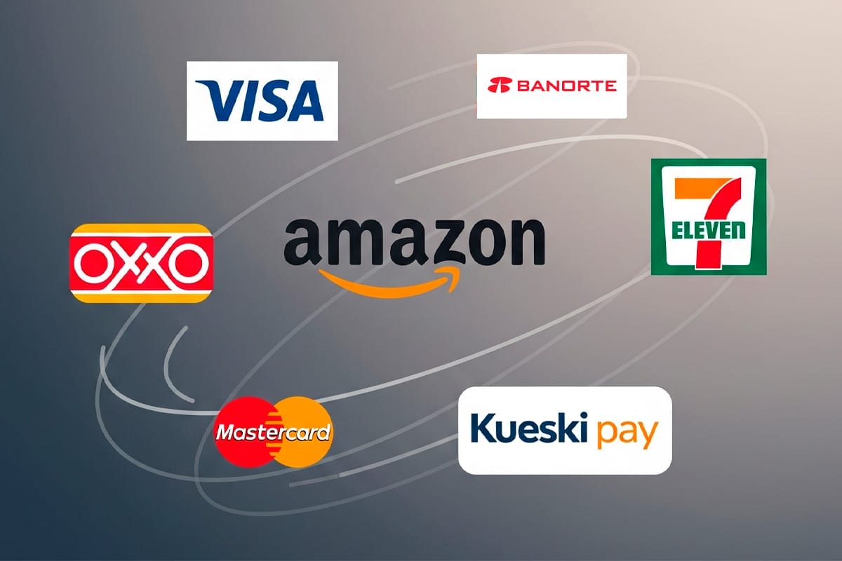 Ilustración de los diferentes métodos de pago que acepta Amzon, como deósitos en los oxxo, pago con visa, master card, banorte