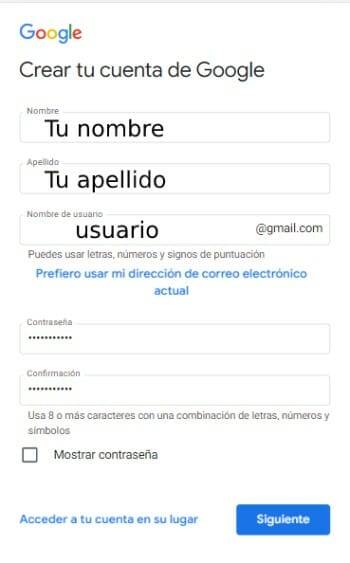 Crear cuenta Gmail, ingresando Datos personales