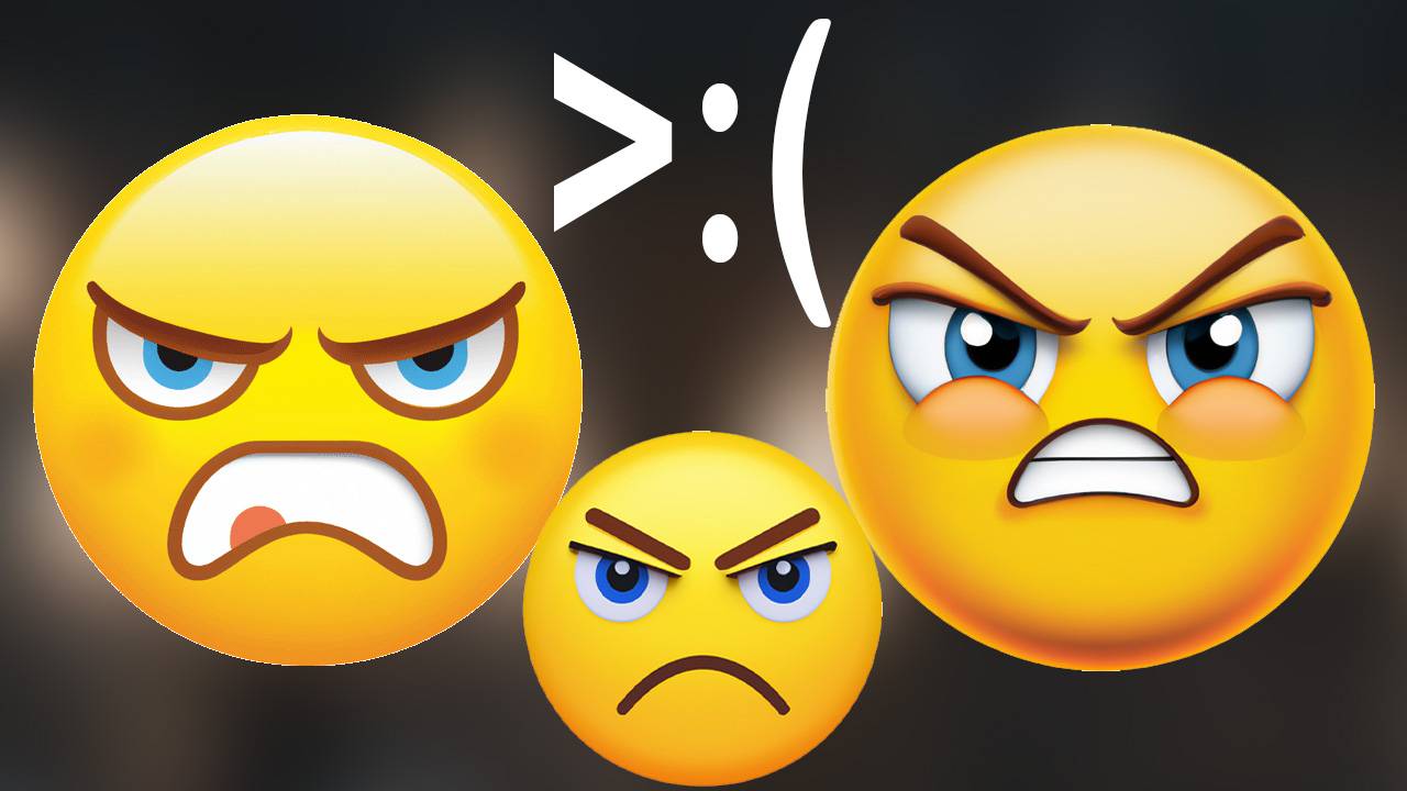 Caritas enojadas, emoji y creación con símbolos y texto