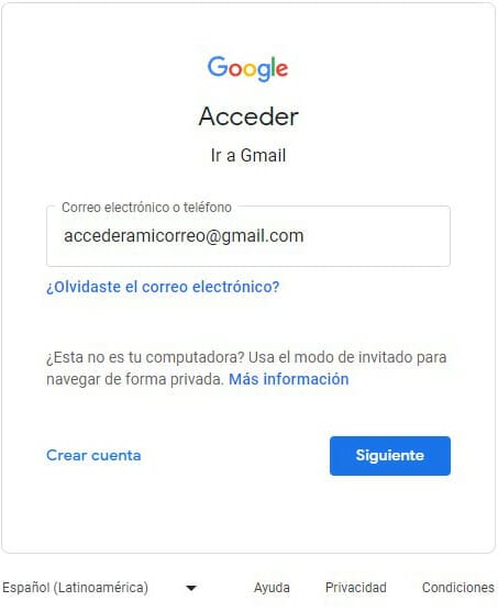 Captura de pantalla de la pantalla inicial de Gmail, con un correo de ejemplo" ficticioaccedeamicorreo@gmail.com"