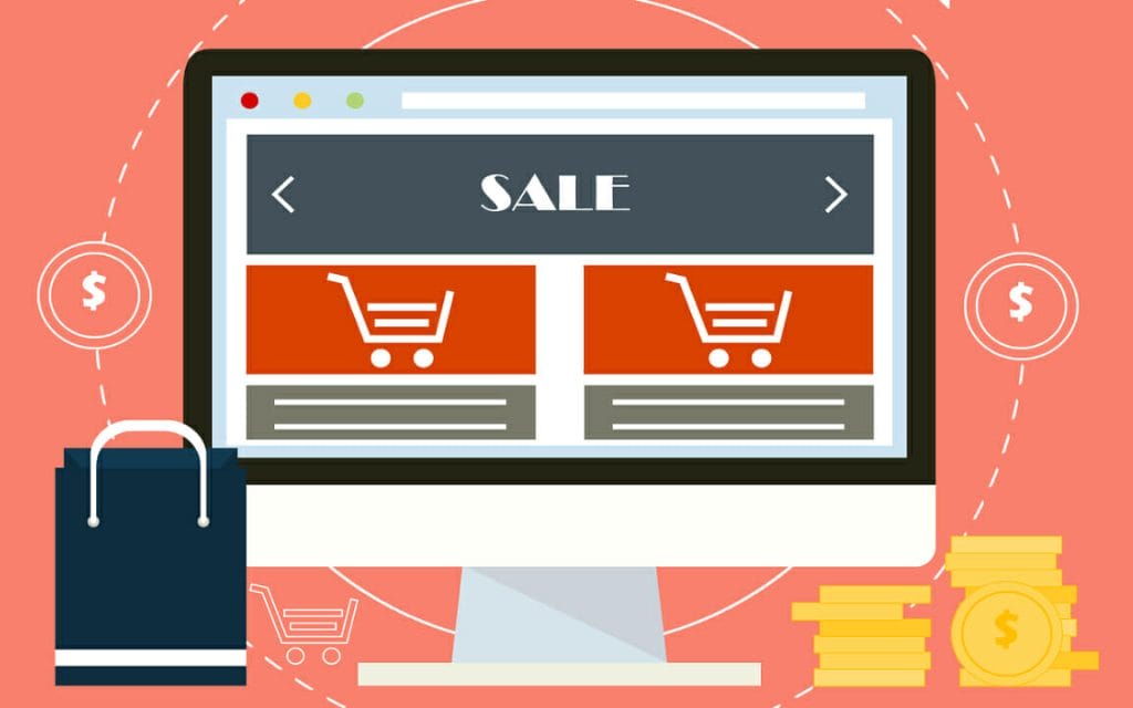 ecommerce representado por una computadora con bolsa de compras y dinero al lado