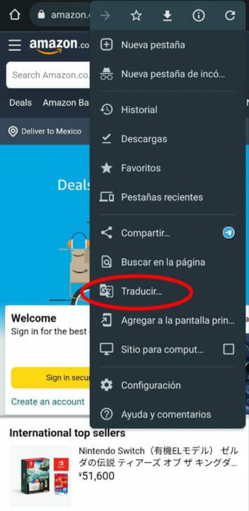 Traducir desde el móvil la página de Amazon Japón.
