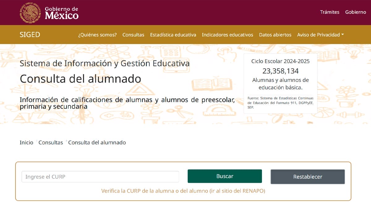 Captuira de pantalla del portal del SIGED para descargar la boleta a nivel nacional