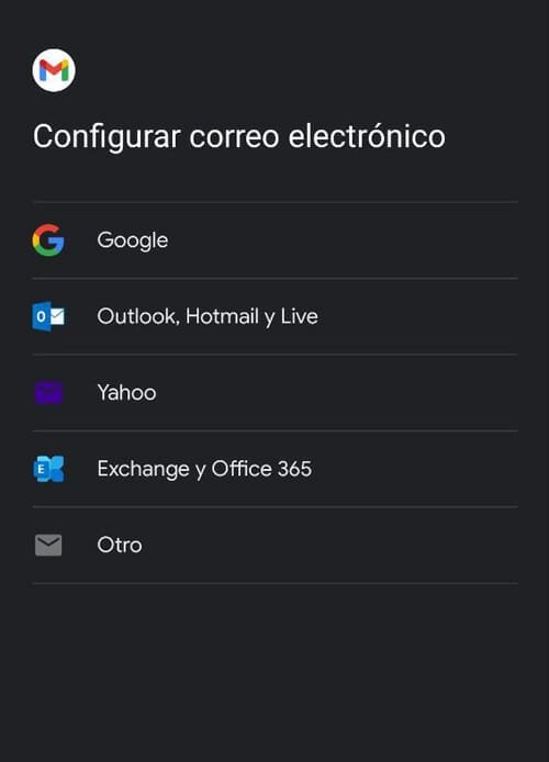 Captura de pantalla de teléfono android del Inicio de sesión Gmail y para configurar cuenta de Yahoo, Outlook