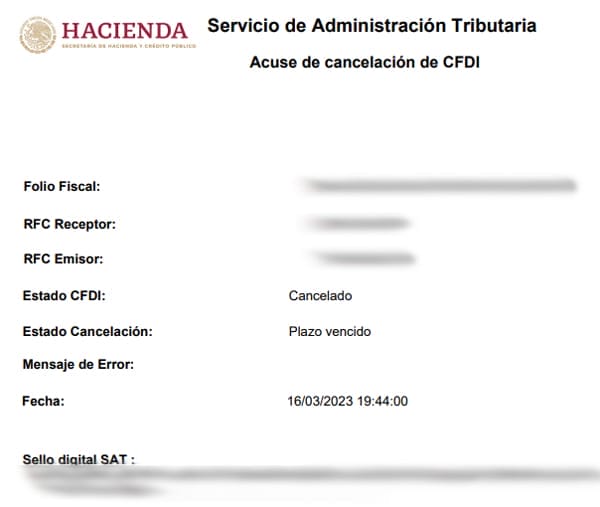 Acuse de cancelación de una factura del SAT