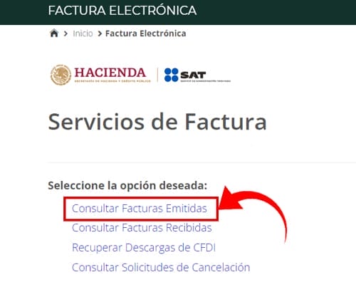 Opción Consultar Facturas emitidas SAT