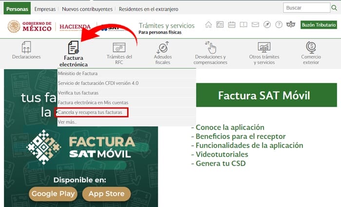 Entrar al portal del SAT y menú cancela y recupera tus facturas