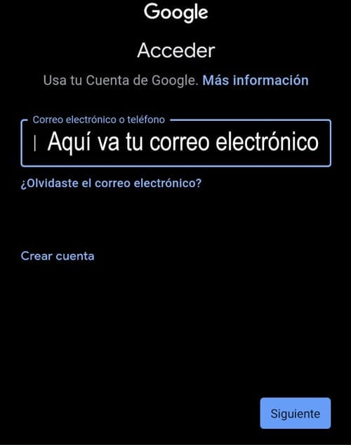 Captura de pantalla del celular de la página de acceso en modo oscuro de Gmail, en el recuadro de correo electrónico tiene la leyenda "Aquí va tu correo electrónico", indicando dónde escribir el correo.
