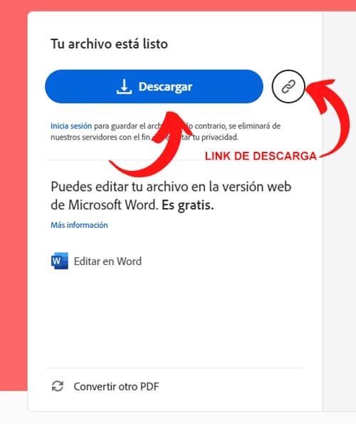 Archivo PDF convertido a docx listo, dentro de la página de Adobe