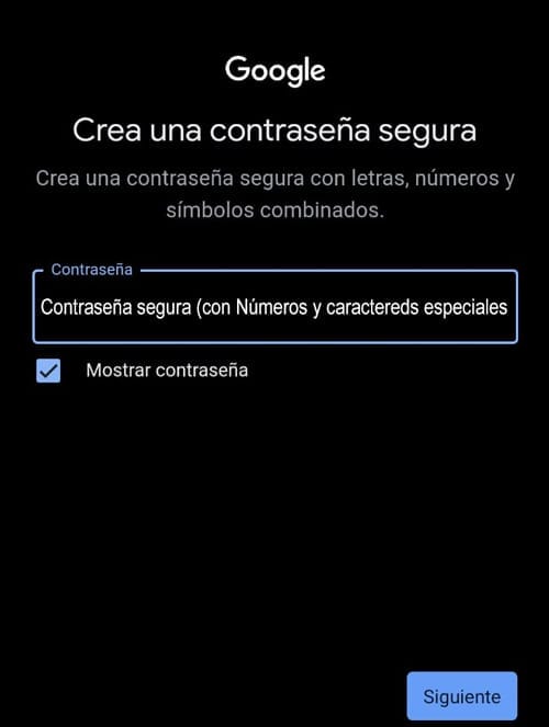 Captua de pantalla del teléfono móvil de la página de Crear una contraseña segura (modo socuro), en el recuadro de contraseña tiene la leyenda "Contraseña segura (con Números y caractereds especiales)