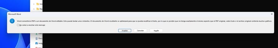 Mensaje de Microsoft Word para convertir PDF en DOC.