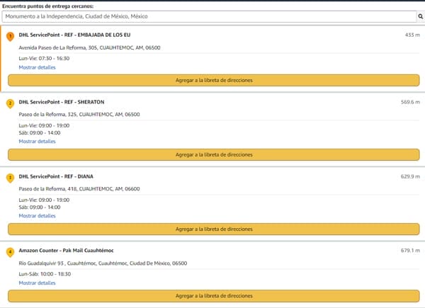 Puntos cercanos de Amazon entregas.