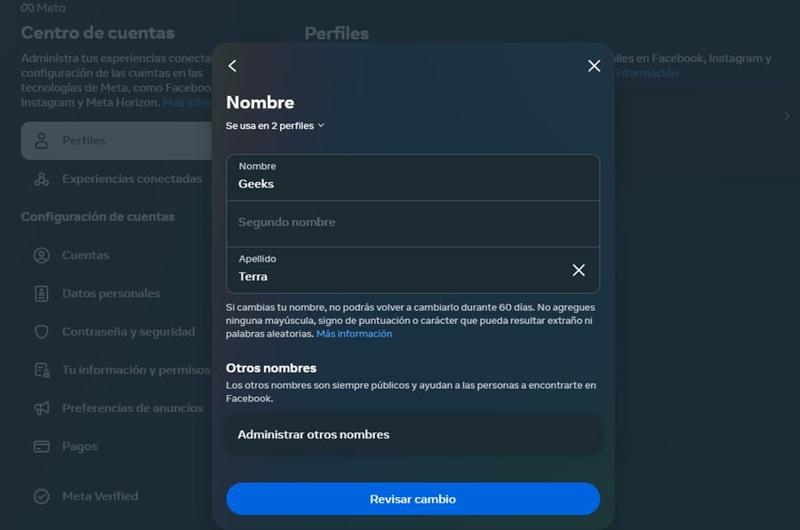 Cambio de nombre de Facebook desde la PC