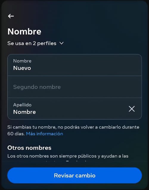 Cambio de nombre de Facebook desde el celular