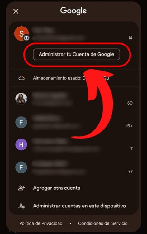Ventana emergente en celular, Administrar tu cuenta de Google, para cerrar sesión de Gmail.