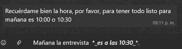 Captura de pantalla de WhatsApp, mostrando la combinación de formatos como negrita y cursiva.