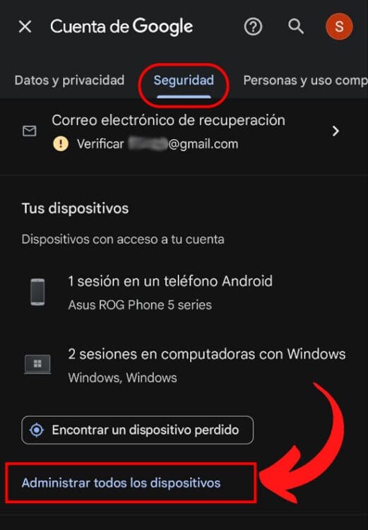 Ventana seguridad en teléfono, opción Administrar todos los dispositivos, en Cuenta de Google.