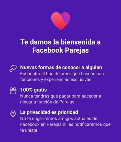 Pantalla de bienvenida Facebook parejas.