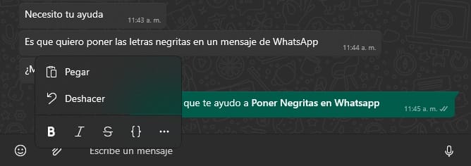 Captura de pantalla de WhatsaApp Web con menú desplegable con clic derecho para poder poner negritas, cursiva, tachado a un texto