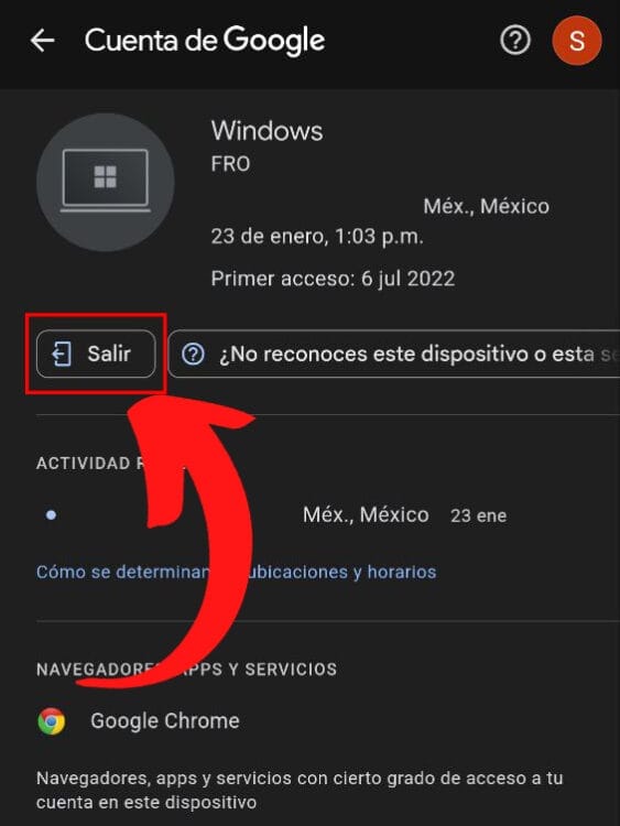 En teléfono y opción cuenta de Google, opción salir para cerrar sesión en Gmail en otro dispositivo.