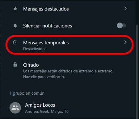 Captura de pantalla del menú con la opción de Mensajes temporales de WhatsApp