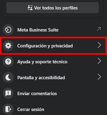 Menú desplegable en Facebook, opción Configuración y privacidad.