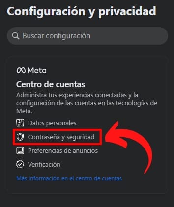Menú meta, centro de cuentas, y contraseña y seguridad.