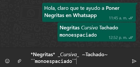 Captura de pantalla de pantalla de Android, con la App WhatsApp mostrando el código para poner Negritas, Tachado, Cursiva y Monoespaciado.