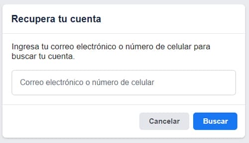 Ventana de recuperación de cuenta de Facebook.