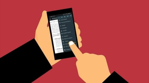 Ilustración de un hombre traduciendo una página web desde el teléfono móvil.