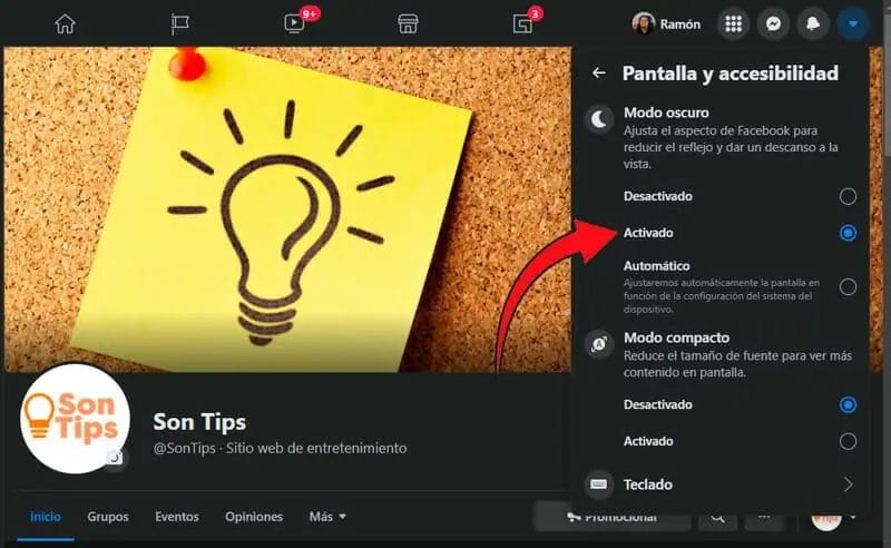 Captura de pantalla de la opción "Pantalla y accesibilidad" en la versión web de Facebook, con la selección de "Modo oscuro" activada.