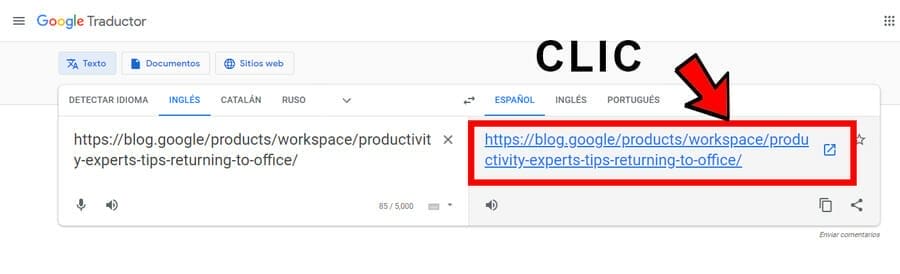 Captura de pantalla del Traductor de Google, pegándole una URL, para traducirla.