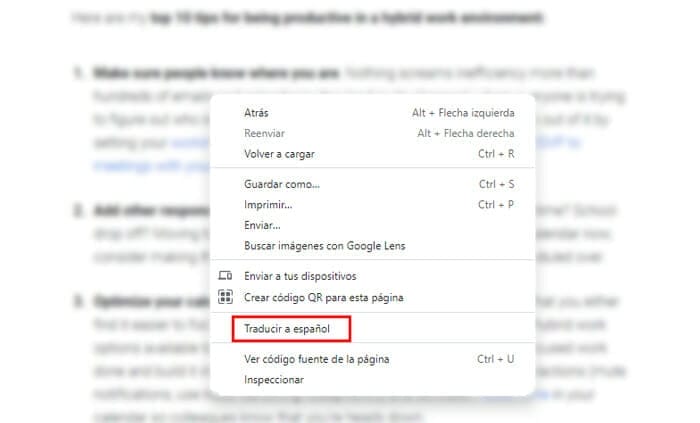 Captura de pantalla, de menú con clic derecho, para traducir una página al español en el navegador Google Chrome de una computadora