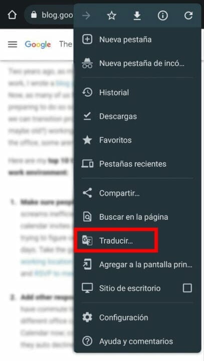 Captura de pantalla de navegador Chrome de un teléfono móvil, para seleccionar la opción traducir página web.