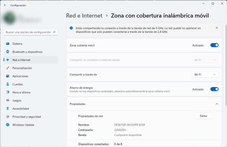 Captura de pantalla de Windows 11 para compartir elñ internet de la PC al Móvil