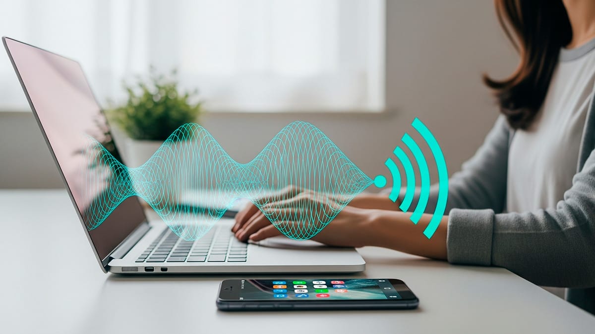 Imagen de una mujer en la computadora, compartiendo el internet a su teléfono móvil, se aprecia la señal de WiFi