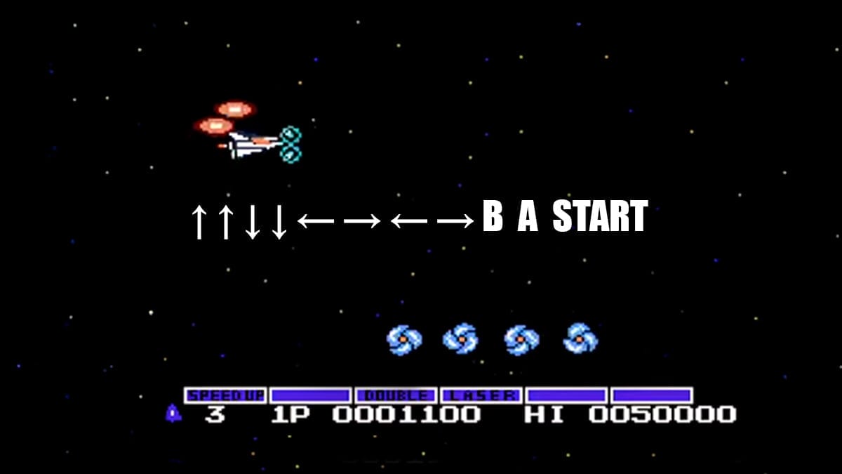 Imagen del videojugo Gradius de Nintendo NES, con todas las mejoras, gracias al Código Konami, y este clave aparece en pantalla
