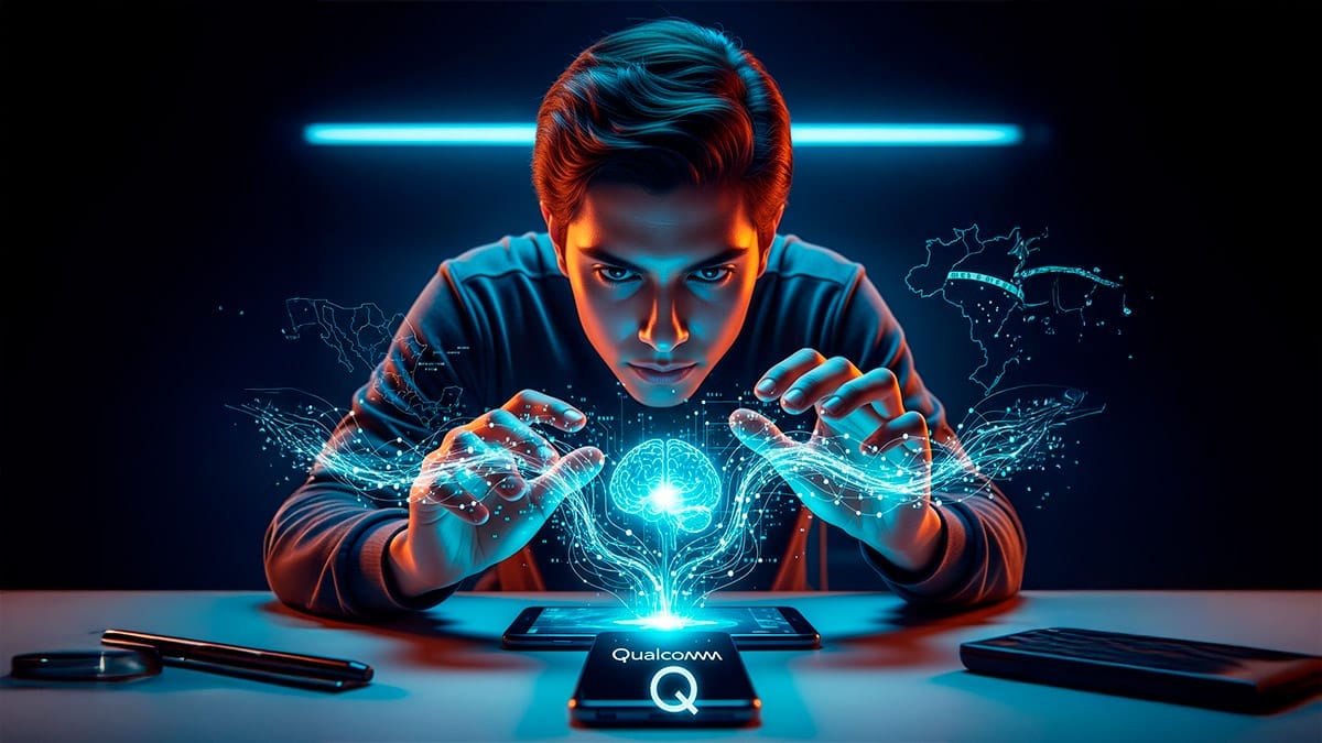 Una imagen (IA). Se observa a un joven desarrollador en un teléfono que sale un cerebro digital, , en la mesa hay un dispositivo con las letras Qualcomm. Denot el talento de Latinoamérica