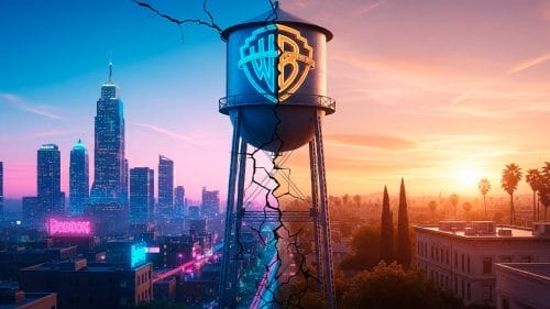 Ilustración de la división de Warner Bros. Discovery: el icónico tanque con el logo WB agrietado, separando un lado futurista y moderno de un lado clásico que representa el pasado.