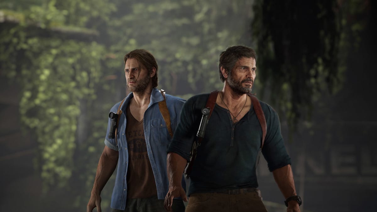 Captura de pantalla del videojuego para PS5 y PC The Last of US part II, donde se muestra a Joel vestido como Nathan Drake y Tommy, como Sam Drake, como parte de las recomentas en em Modo Cronológico. Fuente: Sony
