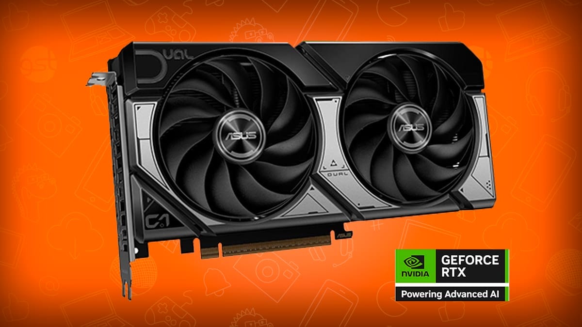 Ilustración de la tarjeta gráfica ASUS Dual GeForce RTX 5060 Ti 16GB GDDR7 OC Edition, en fondo naranja, por oferta del Amazon Prime Day Internacional