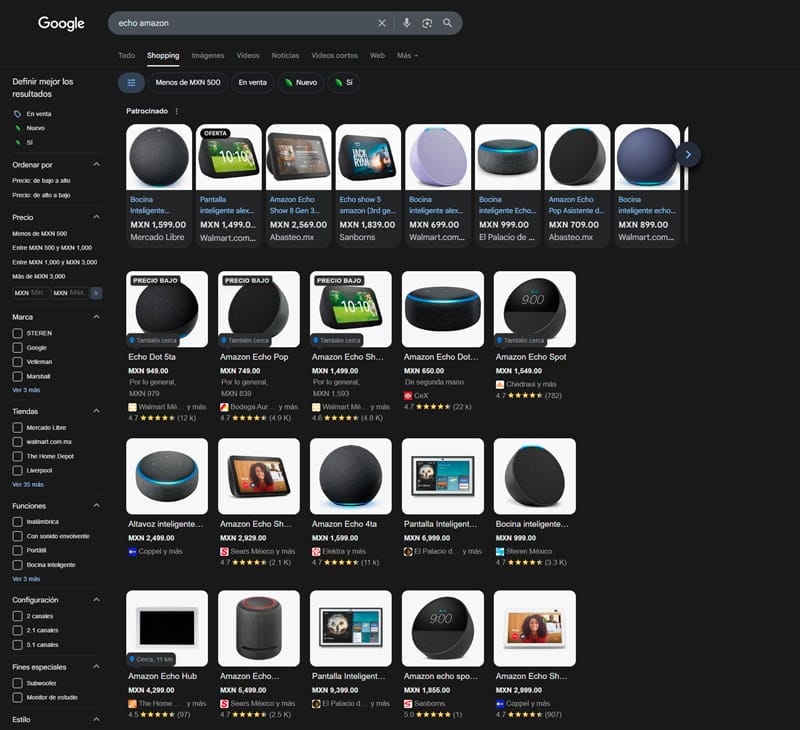 Captura de pantalla de Google Shopping, buscando un echo amazon, mnostrando que Amazon ya no aparece en las búsquedas de Goolge Shopping