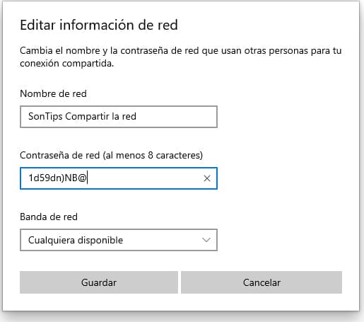 Captura de pantalla de Editar información de red en Windows 11, donde puedes cambiar nombre de red y elegir la banda