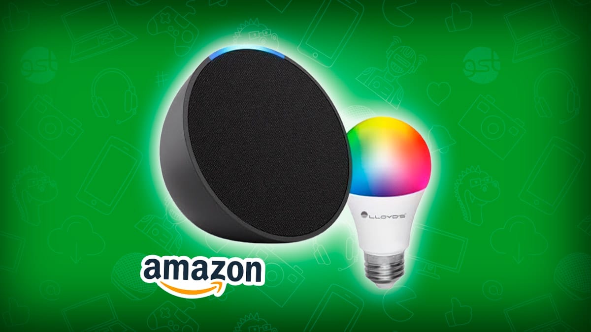 Imagen del combo que está al 50por ciento de descuento: echo pop de Amazon y foco Lloyd (color). Fuente: Amazon